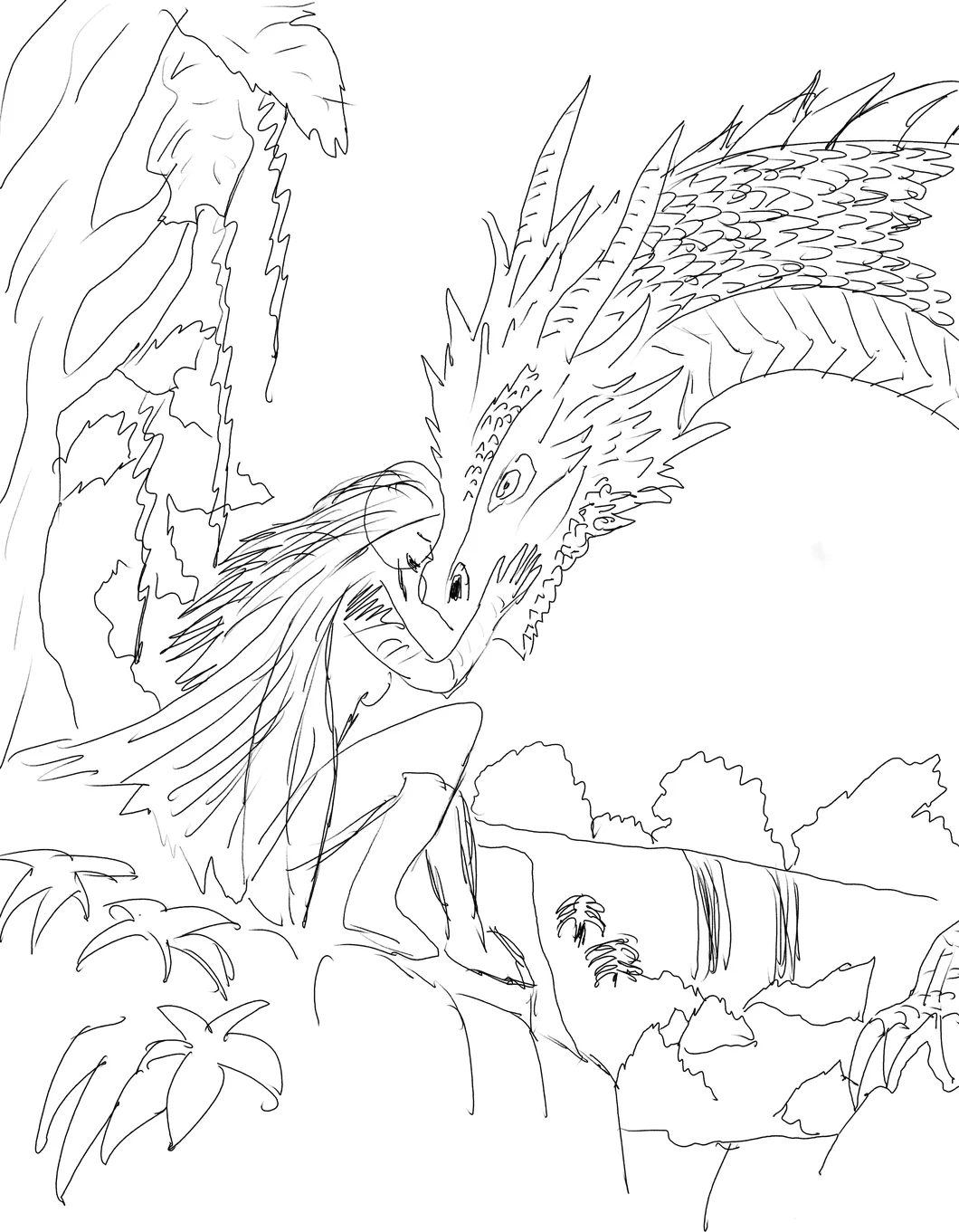 Croquis au trait d'une femme agenouillée sur une falaise, la main posée sur le museau d'un grand dragon penché vers elle, au-dessus d'une jungle et d'une cascade.
