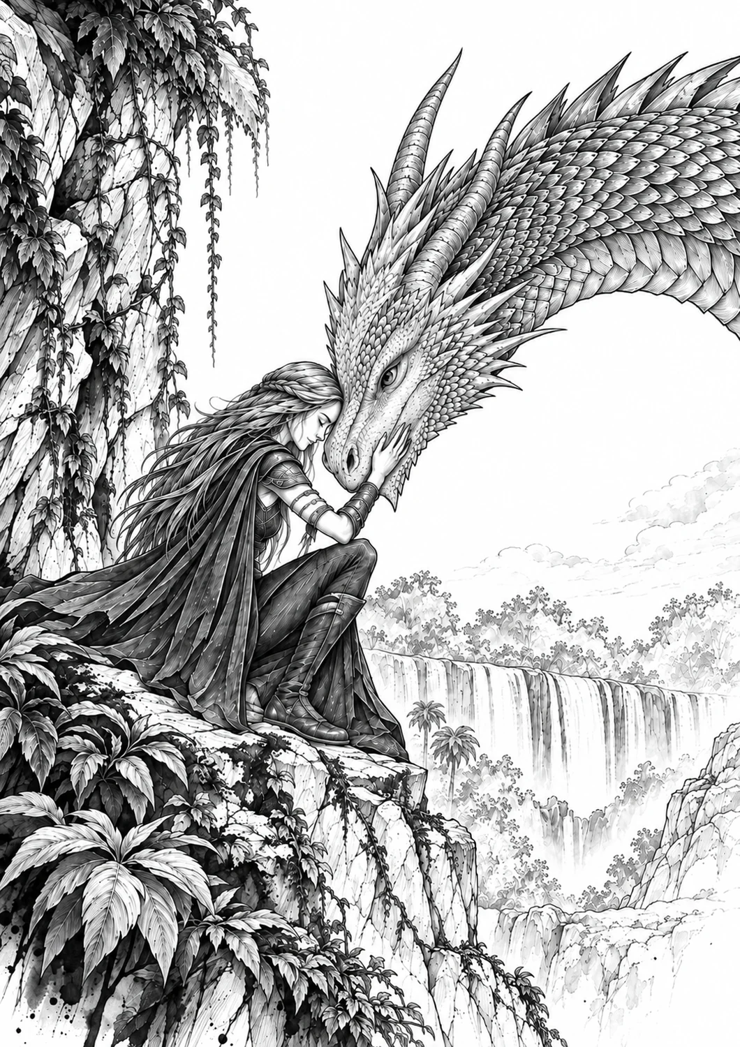 La même scène reprise en dessin détaillé : écailles du dragon, feuillage, drapé de la cape et cascade en arrière-plan sont désormais entièrement rendus au trait.