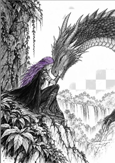 La même scène en cours de colorisation sous Krita : la chevelure du personnage est passée en violet, le reste du décor est encore en niveaux de gris.