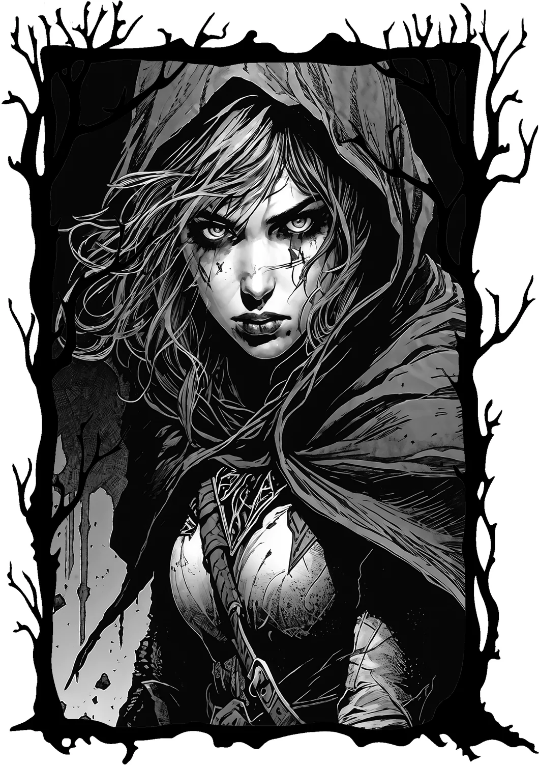 Illustration intérieure du tome 1, première version : une femme encapuchonnée et armée, traitée en encrage très contrasté, dans un cadre de branches mortes.