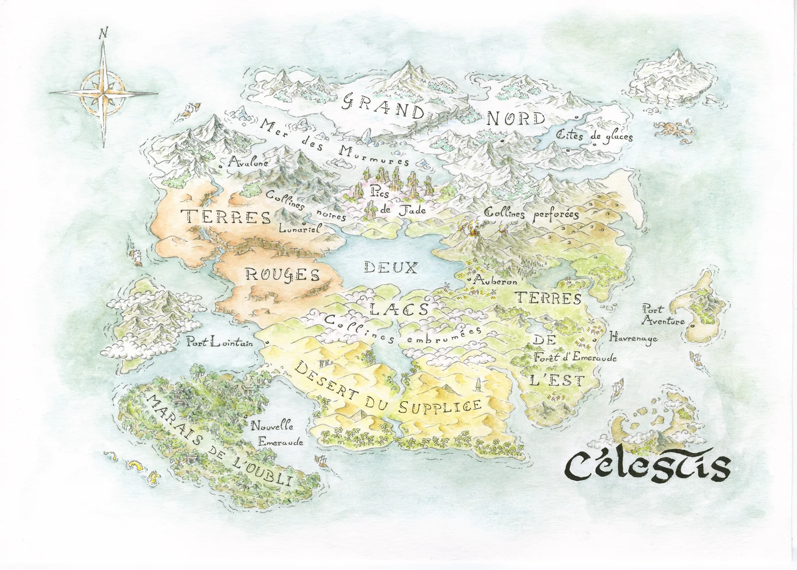 Carte aquarellée du monde de Célestis : le Grand Nord enneigé, les Terres Rouges, les Deux Lacs, les Terres de l'Est, le Désert du Supplice et les Marais de l'Oubli, avec les ports et les cités nommés à la plume.