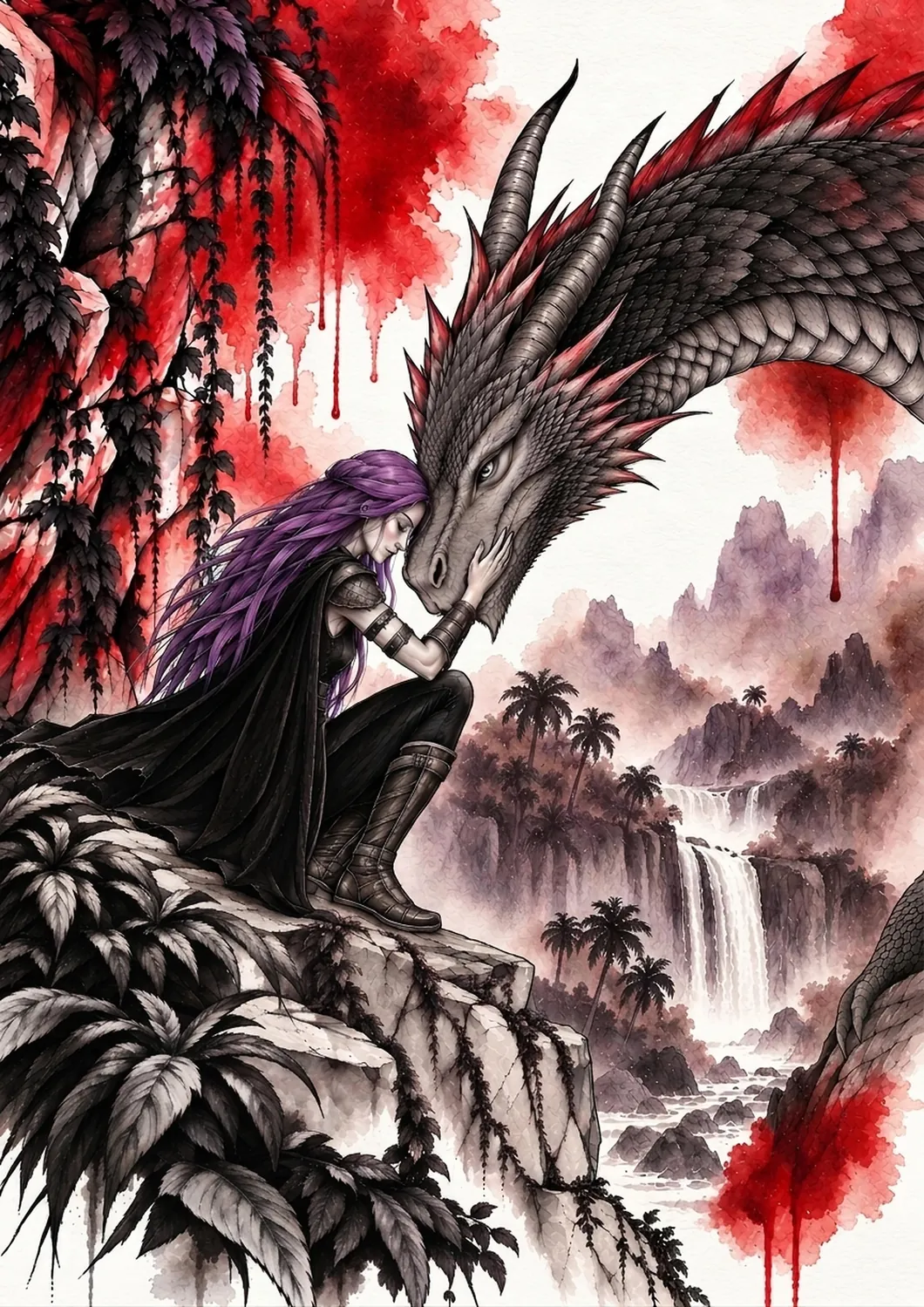 Le rendu final colorisé : la même scène en aquarelle, chevelure violette, lianes et ciel traités en lavis rouges, cascade et montagnes en arrière-plan.