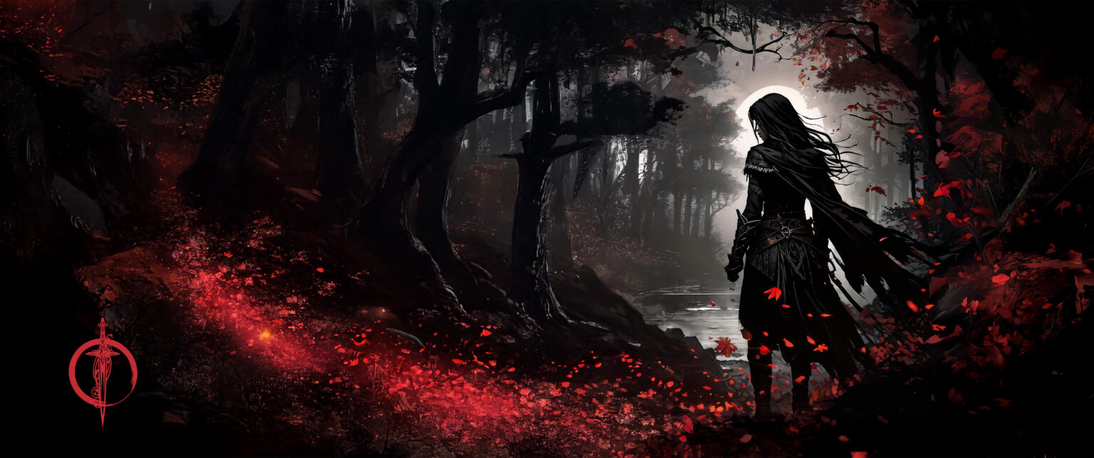 Une silhouette solitaire dans une forêt aux feuillages rouges