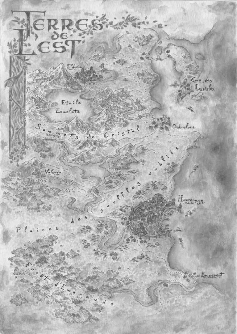 Carte à l’aquarelle des Terres de l’Est, incluse dans le roman : Havrenage, les Sommets de Cristal, la Forêt d’Émeraude