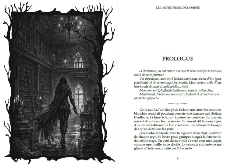 Double page d’ouverture du prologue : illustration pleine page de Phyl dans une bibliothèque, face au texte