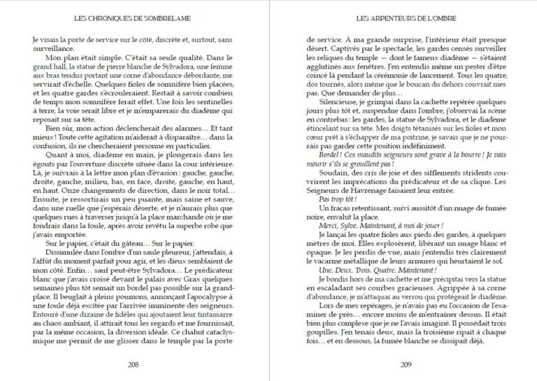 Double page intérieure des Arpenteurs de l’Ombre montrant la mise en page du roman